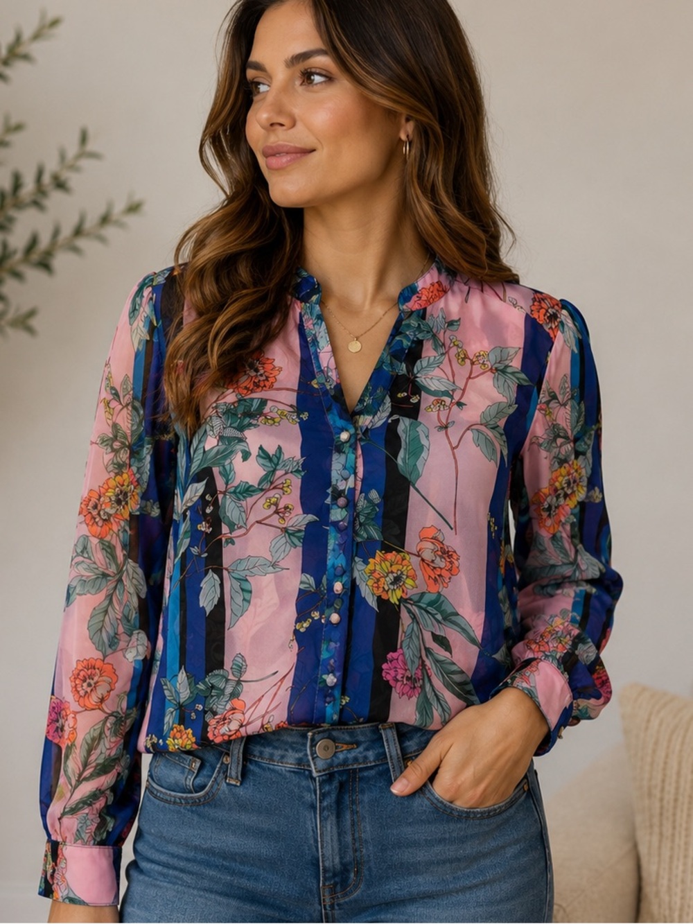 Women’s Express Ruffle Neck Semi-Sheer Slim Portofino Top - Size XL
